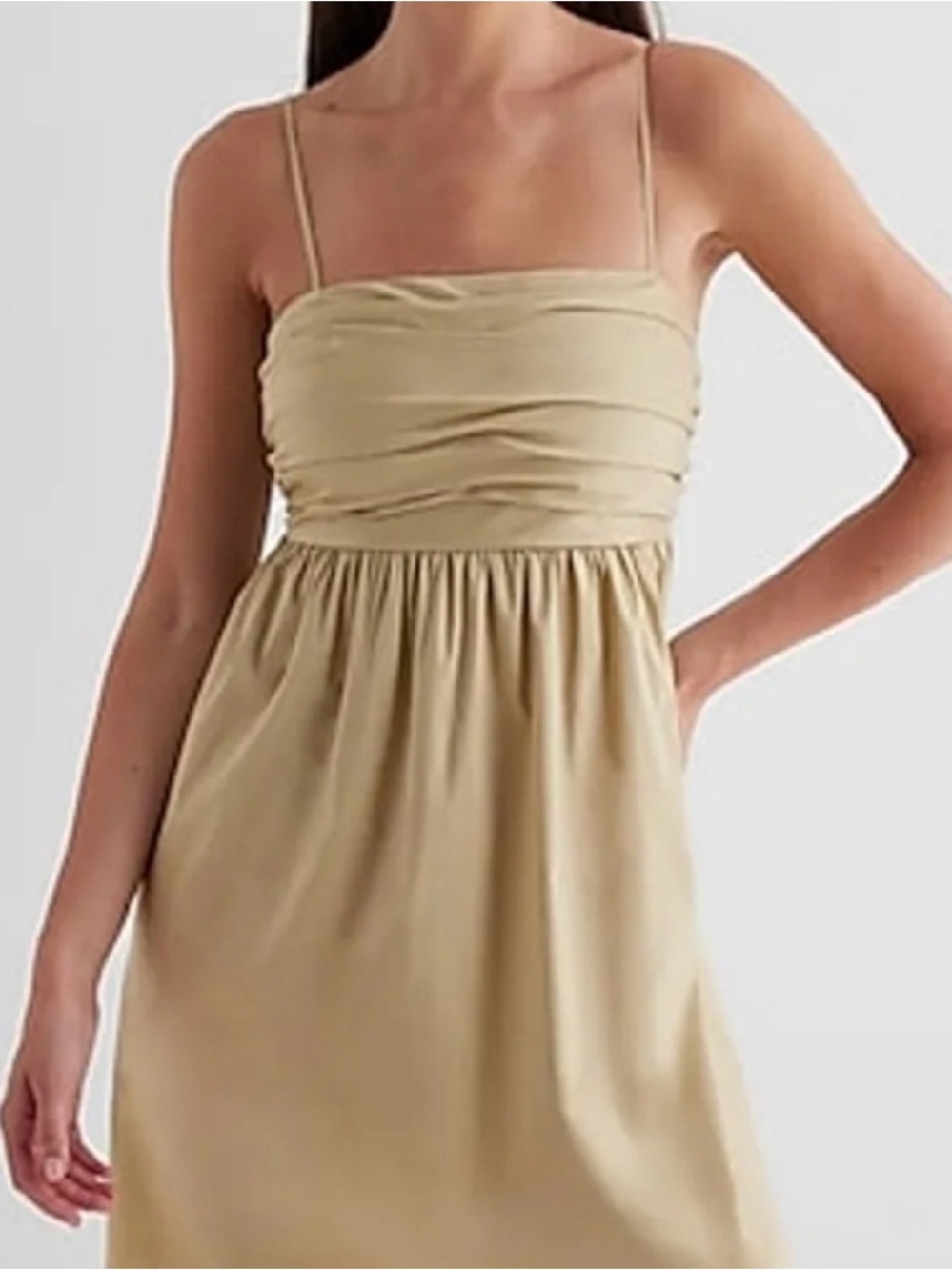 Express Rouched Bodice Mini Dress Beige Spaghetti Strap Cotton Blend Size L - Picture 2 of 13